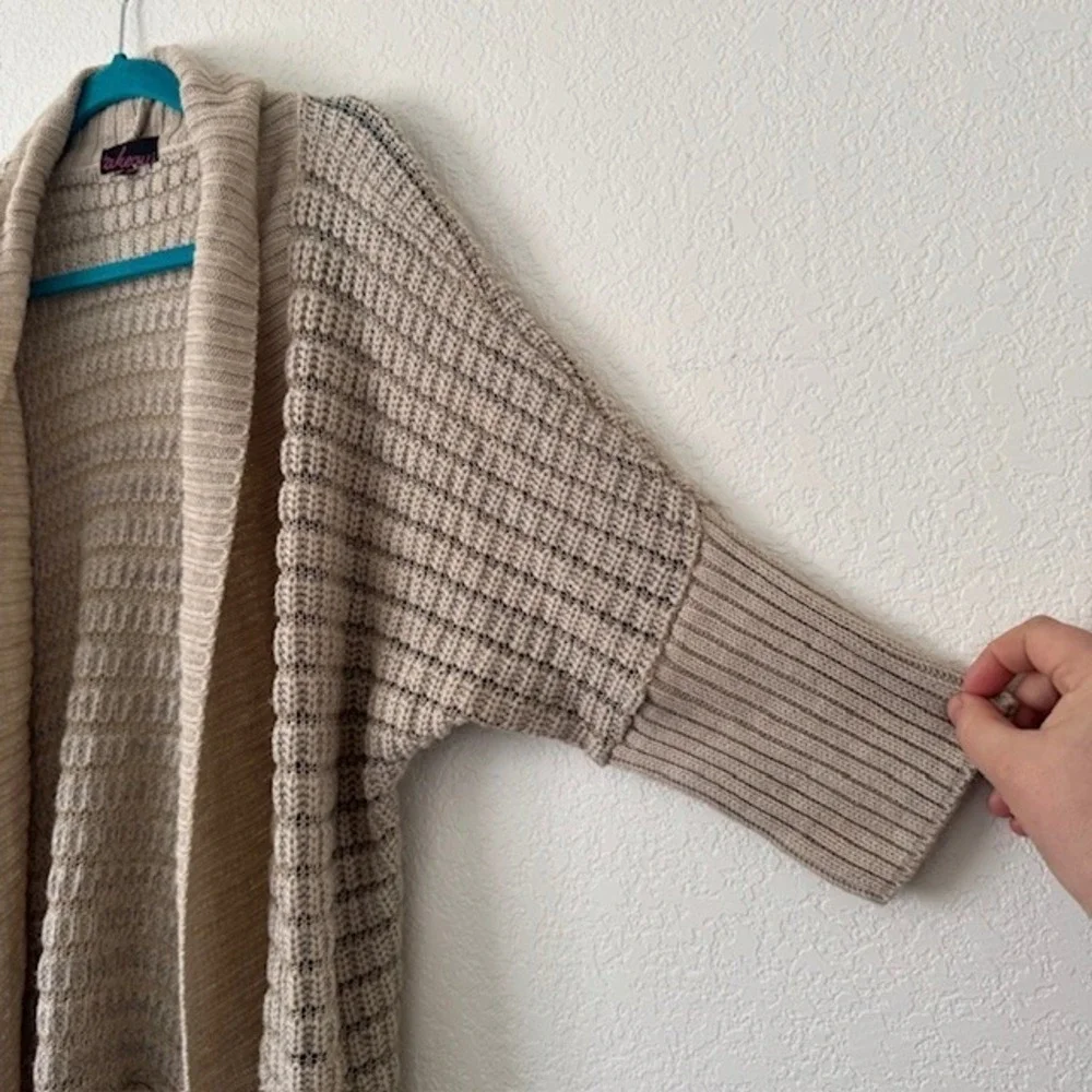 Women Casual Beige Knit Open Front Cardigan Sweater 3/4 Sleeve‎